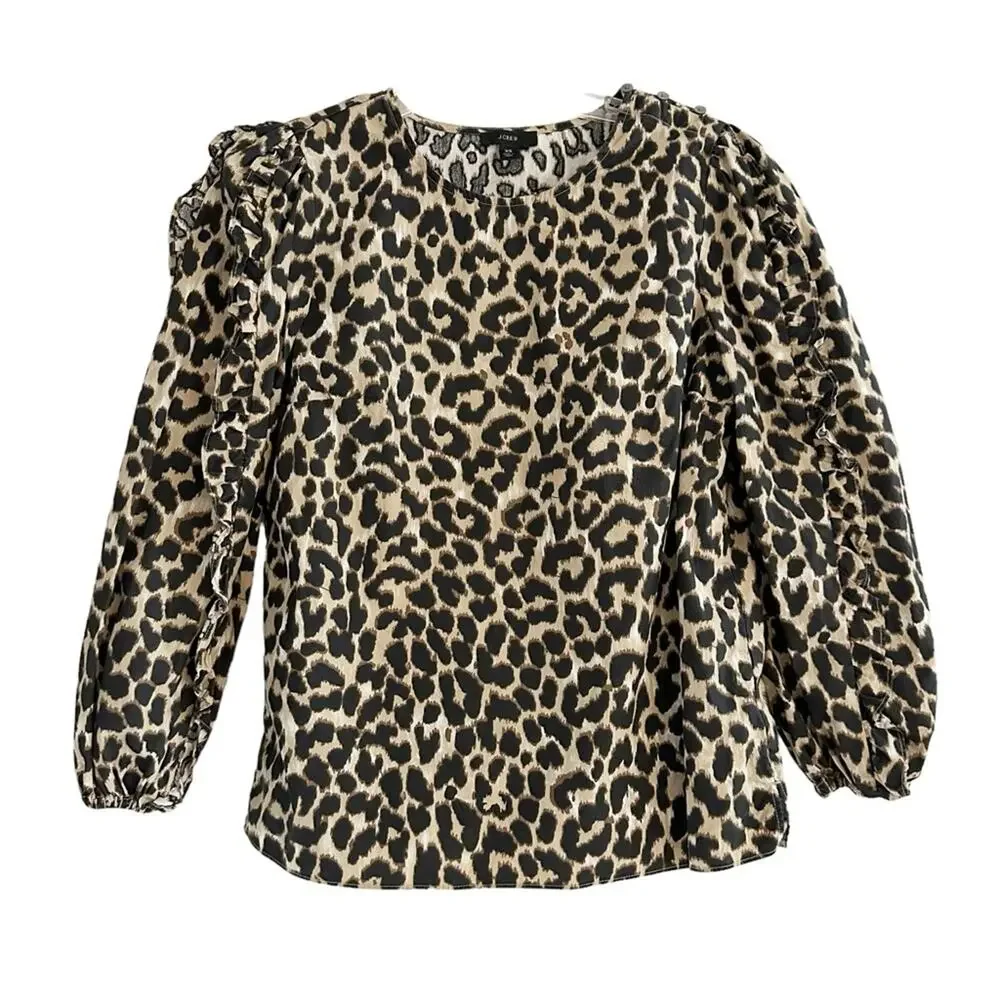 J crew Leopard Animal Print Ruffle Sleeve Top Shirt AS011 Extra Small XS Cotton